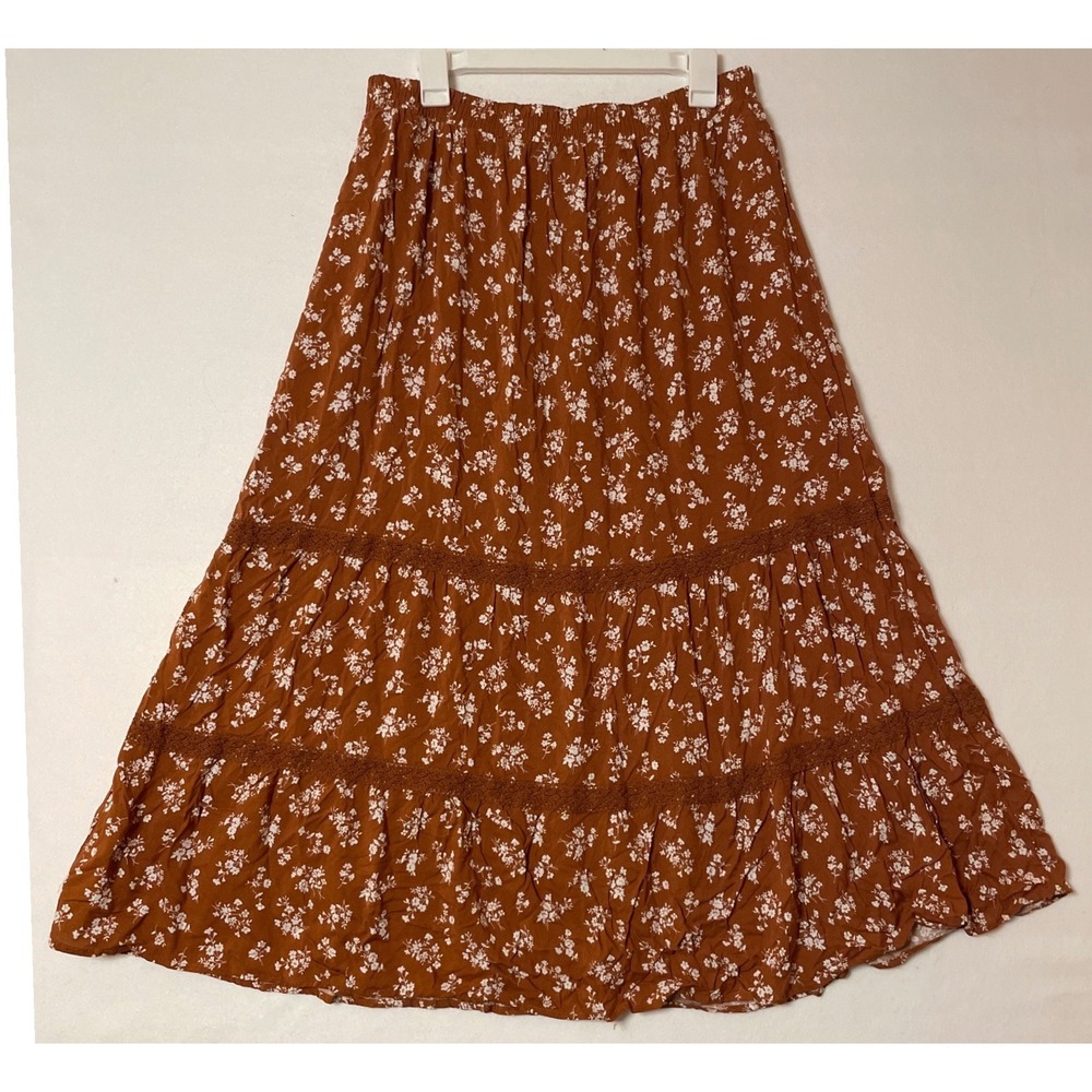 Women Floral Maxi Skirt Western Boho Tiered Crochet Lace XL Brown No Comment